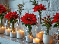 Szklane, Gwiazda betlejemska, Kwiaty, Świece, AI, Naczynia