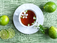 Herbata, Kwiaty, Filiżanka, Plastry, Limonka