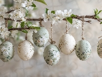 Białe, Wielkanoc, Gałązka, Grafika AI, Pisanki, Jajka, Kwiaty