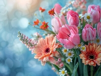 Tulipany, Kwiaty, Gerbery, Grafika, Bukiet