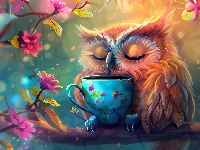 Grafika, Sowa, Filiżanka, Kwiaty
