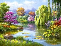 Kwiaty, Drzewa, Park, Jezioro, Kwitnące