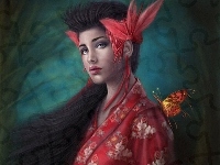 Kwiaty, Kobieta, Kimono, Motyl