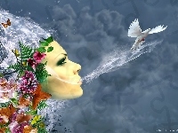 Kwiaty, Fantasy, Kobieta, Ptak
