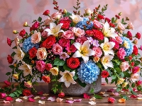 Bukiet, Kwiaty, Kolorowe, Płatki, Doniczka