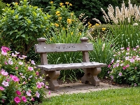 AI, Rośliny, Krzewy, Ławka, Kwitnące, Trawa, Ogród, Kwiaty