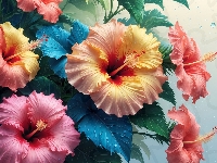 Krople, Kolorowe, Hibiskusy, Kwiaty, Grafika, Liście