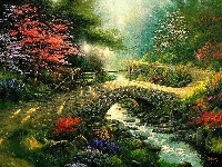 Kwiaty, Obraz, Rzeczka, Most, Drzewa