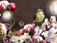 Kwiaty, Ptaszek, Motyl, Art