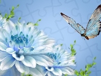 Niebieski, Kwiaty, Motyl