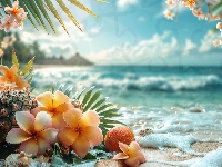 Ananas, Pomarańcze, Owoce, Plaża, Palmy, Plumeria, Morze, Kwiaty