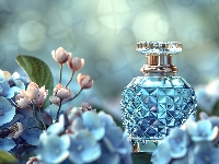Flakon, Kwiaty, Perfumy, Grafika, Kompozycja