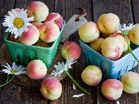 Brzoskwinie, Kwiaty, Pojemniki, Deska, Margerytki