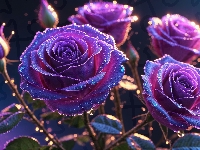 Róże, Kwiaty, Purpurowe, Grafika, Krople