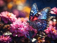 Motyl, Kwiaty, Różowe, Grafika, Światło