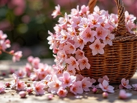 Drobne, Kwiaty, Różowe, Koszyk, Wiklinowy