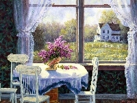 Kwiaty, Okno, Stół, Obraz