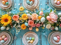 Wielkanoc, Kwiaty, Stół, Talerze, Pisanki