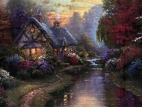 Kwiaty, Rzeczka, Chata, Thomas Kinkade