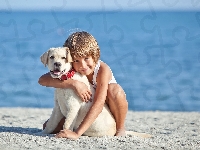 Labrador retriever, Woda, Dziecko, Szczeniak, Plaża