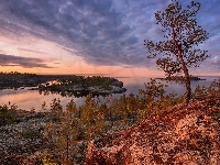 Skały, Roślinność, Drzewa, Karelia, Jezioro, Jesień, Rosja, Ładoga