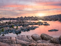 Arizona, Stany Zjednoczone, Zachód słońca, Watson Lake, Chmury, Kamienie, Jezioro, Skały