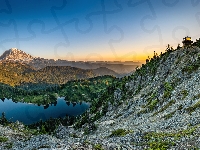 Park Narodowy Mount Rainier, Góra, Waszyngton, Stany Zjednoczone, Skały, Mount Rainier, Jezioro, Wschód słońca, Las, Eunice Lake