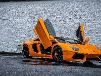 Lamborghini Aventador, Pomarańczowe, Deszcz