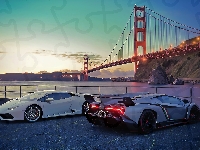 Parking, Samochody, Sportowe, Gry, PS4, PC, Lamborghini Veneno, XBOX, Wieczór, Nabrzeże, Most, Lamborghini Huracan, Gran Turismo