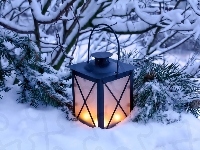 Lampion, Ośnieżone, Gałązki, Dekoracja