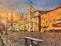 Plac Navona, Ławka, Agonalis, Świątynia, Obelisk, Włochy, Domy, Lampy