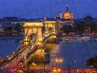 Dunaj, Węgry, Rzeka, Oświetlenie, Noc, Budapeszt, Most łańcuchowy