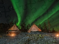 Finlandia, Zorza polarna, Laponia, Gwiazdy, Namioty