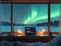 Zorza polarna, Świece, Laptop, Okno, Stół