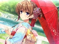 Tama, Kwiaty, Manga, Kimono, Anime, Most, Rzeka, Dziewczyna, Parasol, Las