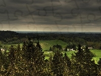 Łąka, Chmury, Panorama, Las, Wieś