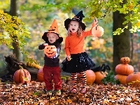 Las, Halloween, Dzieci, Dynie, Jesień