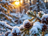 Zachód słońca, Gałąź, Ośnieżona, Szyszki, Grafika AI, Las