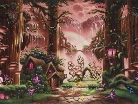Las, Kraina, Domy, Fantasy, Góry, Droga