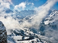 Las, Chmury, Lauterbrunnen, Zima, Góry, Dolina