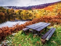 Las, Jesień, Jezioro, Ławka