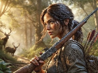 Jelenie, Postać, Lara Croft, Broń, Grafika AI, Las