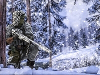 Battlefield 4, Śnieg, Zima, Żołnierz, Drzewo, Gra, Snajper, Las