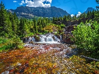 Montana, Stany Zjednoczone, Drzewa, Góry, Rzeka, Las, Park Narodowy Glacier, Kamienie