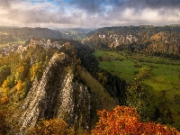 Chmury, Jesień, Poranek, Burgundia, Skały, Drzewa, Zamek Zhu, Mgła, Las, Góry, Francja