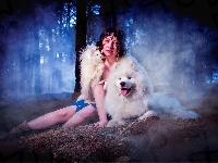 Samojed, Kobieta, Pies, Las
