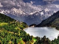 Lasy, Górskie, Jezioro, Chmury
