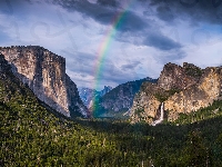 Dolina, Kalifornia, Stany Zjednoczone, Park Narodowy Yosemite, Chmury, Drzewa, Lasy, Góry, Tęcza