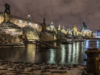 Latarnie, Światła, Noc, Praga, Most Karola, Budynki, Czechy, Rzeka Wełtawa