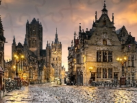 Gandawa, Belgia, Domy, Latarnie, Dzwonnica, Kościół św Mikołaja, Most św Michała, Smocza Wieża